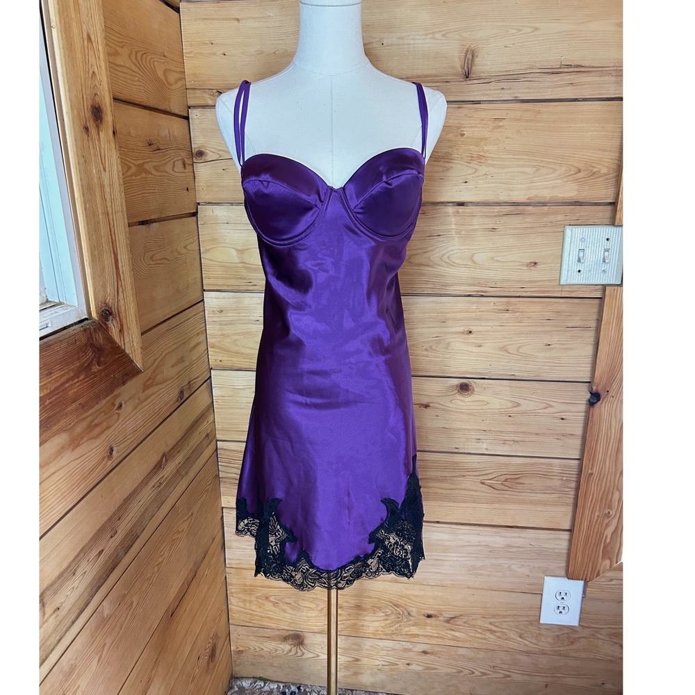 Vintage Purple Satin Black Lace Trim Chemise Nightgown Size Extra Large Jessica